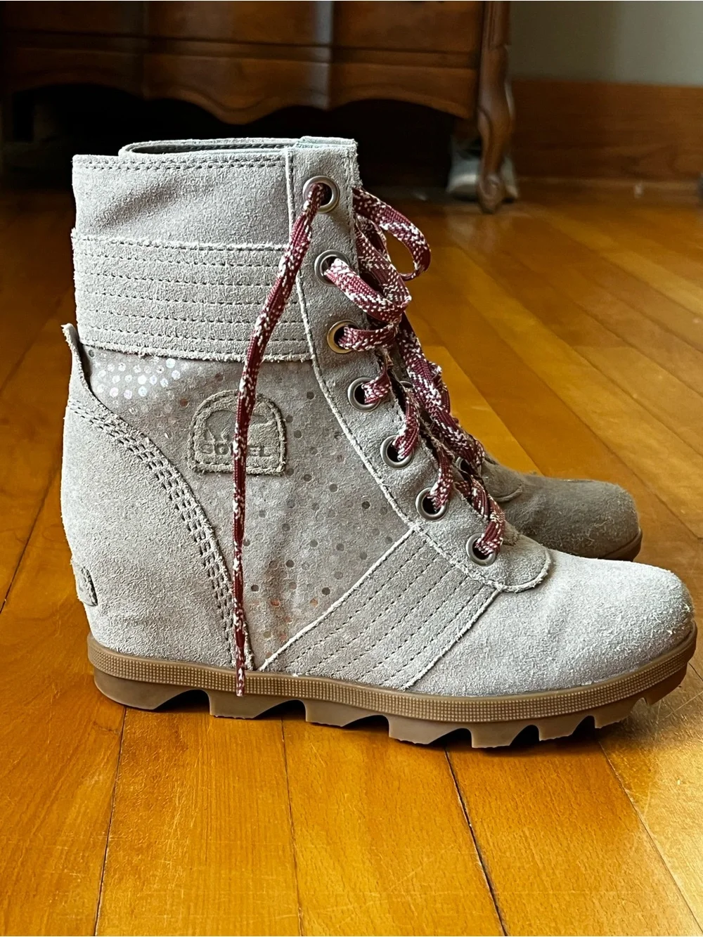 Sorel Taupe Suede Lace-Up Combat Boot with Maroon Laces